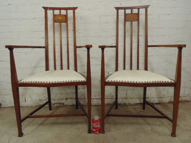 Pair English inlaid arts & crafts arm chairs (1 of 6)