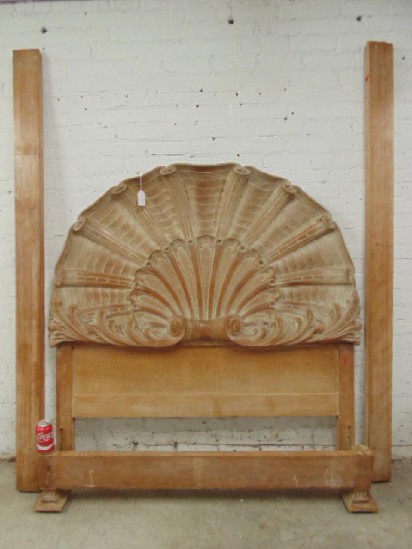 Carved bed with shell shaped headboard: Carved bed with shell form pickled headboard, footboard & rails, headboard is 56 3/4" tall, 54 1/4" wide, 76 1/2" long. Please refer to images for general condition issues, all items sold as is, all s