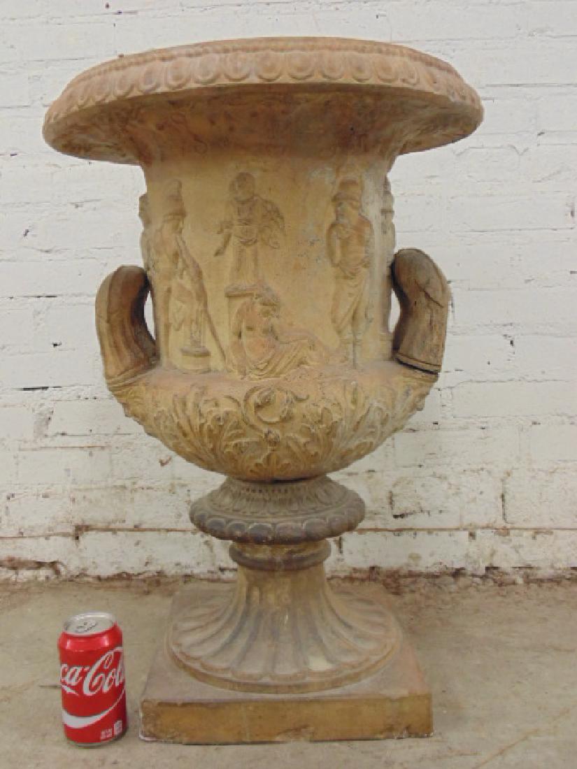 Large terracotta garden urn on pedestal base (1 of 5)