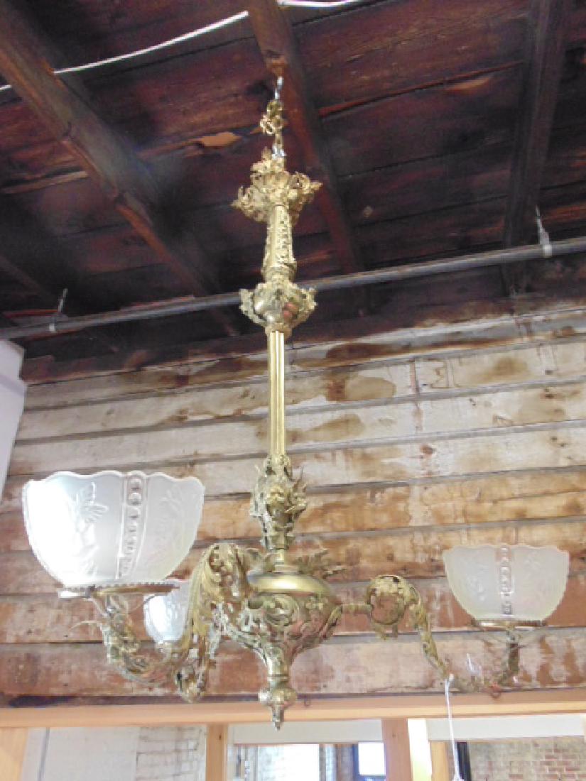 3 arm brass gas fixture, glass shades (1 of 6)