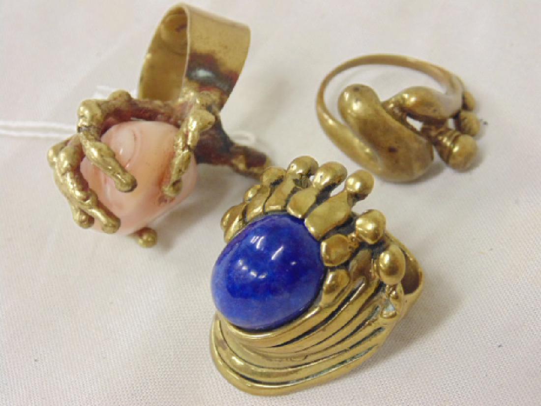 3 Pal Kepenyes Mid-Century brutalist rings: Lot of 3 signed Pal Kepenyes Mid-Century Modernist brutalist rings with stones. Please refer to images for general condition issues, all items sold as is, all sales final.