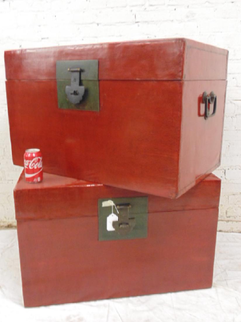 Pair Chinese red lacquered leather trunks (1 of 8)