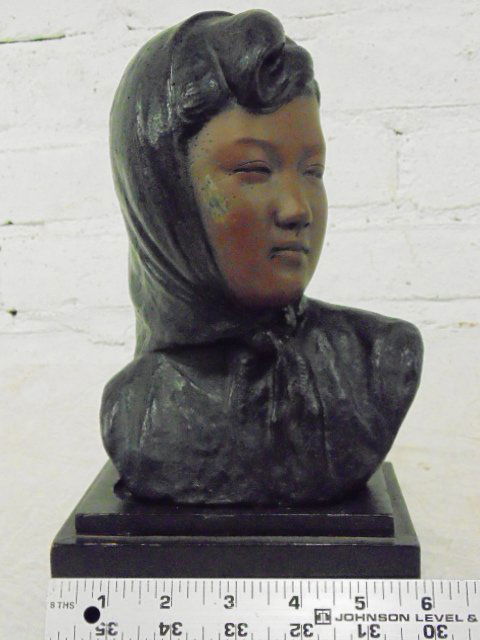 Bronze bust Asian girl, unsigned, on wood base, painted (1 of 6)