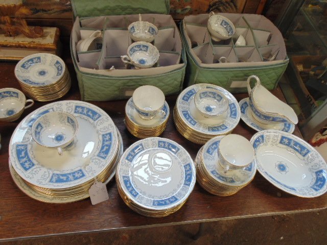 Large set Coalport porcelain dinnerware: Set of Coalport blue & white bone China, "Revelry", set consists of 21 various cups (same pattern, but some taller, single & double ears), 12 7.75" hi tea plates with cup setting, 12 small bowls, grav
