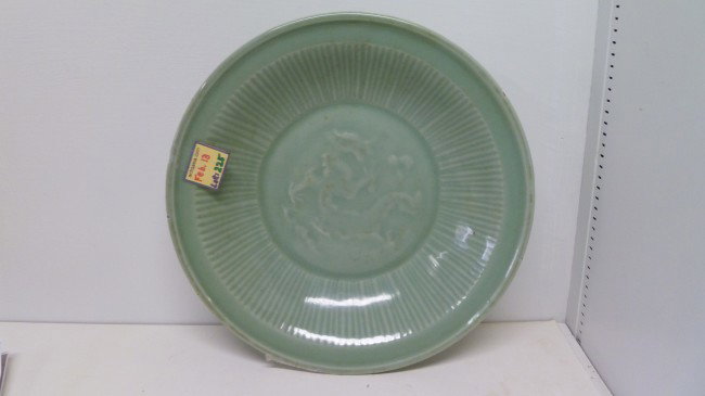 Green LONGQUAN Charger: Superior Color (actually the finest) and a Dragon central design (highest value also) make this a premium Longquan example. At 12" across it is not as large as some, but this is more than made up by i