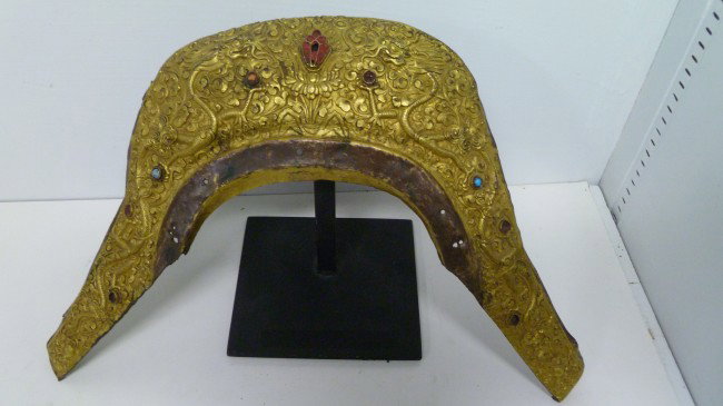 QING: GILT BRONZE HORSE SADDLE ORNAMENT: Museum-quality workmanship for the Manchu aristocracy or higher, the type and design of this large and impressive artifact harkens back to the Liao and Jin ancestry of the QING rulers, when Princes an