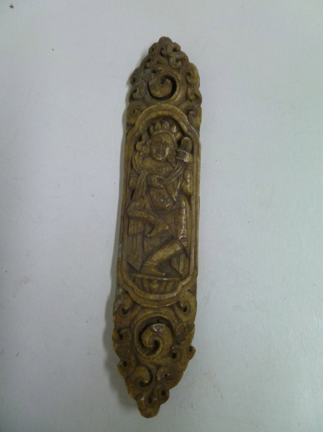 TIBETAN ARM AMULET: An early example that is extra-long at 5-7/8", and a width of 1-1/4". These Buddhist dance ritual implements were made from the hip or thigh bones of deceased High Lamas after one-year of sky burial. 