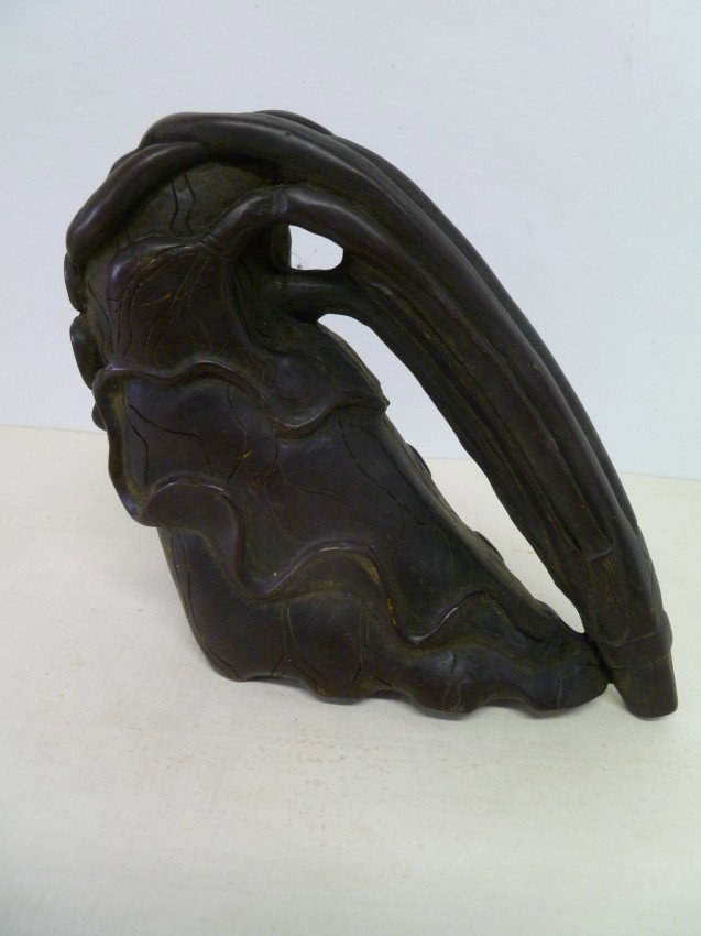 Pottery "Gourd" RHYTON CUP Form: Unusual ceramic in the form of a Rhyton Cup with a long handle that imitates the stem of a dried vegetable such as a gourd. Carved with Buddhist LOTUS leaf and pod, it may have been conceived as a gif