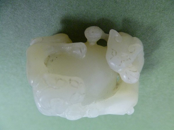 "Mingqi" White Jade - QING Dynasty: Hetian/Xinjiang near-white Jade of two Dragons cavorting around a large central Ball of Wisdom. The Jade is not fully polished in the recessed areas due to it being mingqi - or "grave goods". Thus it 