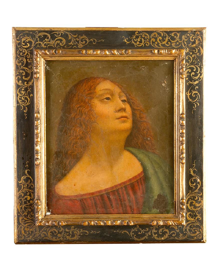 Giovanni Antonio Boltraffio (1467-1516)-attributed: Giovanni Antonio Boltraffio (1467-1516)-attributed, Portrait of a young man, oil or tempera on wooden panel, thick chalk ground; cracks, damages; in a later frame. Notes: Painting Dimensions: 30x24cm