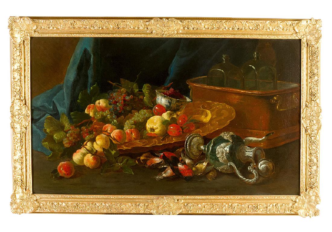 Willem van Aelst (1627-1683)-school: Willem van Aelst (1627-1683)-school, Large still life with fruits, birds and silver objects by a water cooler basin with two glass flasks and some berries in a Wang-Li bowl; in the background blue cur