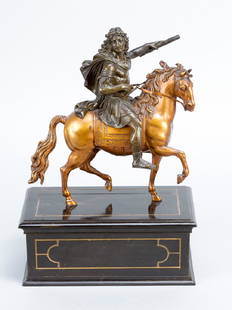 François Girardon (1628-1715)-school, Equestrain: François Girardon (1628-1715)-school, Equestrain sculpture of Louis XIV (1638-1715), riding a walking horse; bronze cast with fine hand finish and original brown/green patina, the horse gilded, partl