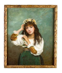 Russian school late 19th Century: Russian school late 19th Century, Portrait of a girl with flowers in the head; oil on canvas, on the bottom reminds of possible signature (unreadable); framed. Notes: Painting Dimensions: 80x64cm