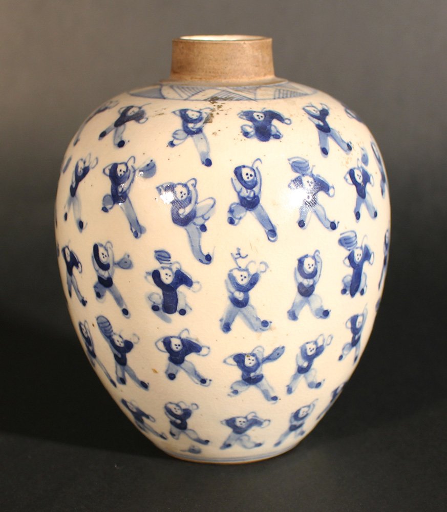 Small late Ming Vase: Small late Ming vase in bowed shape with small neck, (lid missing), decorated with about 80 boys in different poses and ornamental upper border, painted in blue colour on white ground, glazed; on the
