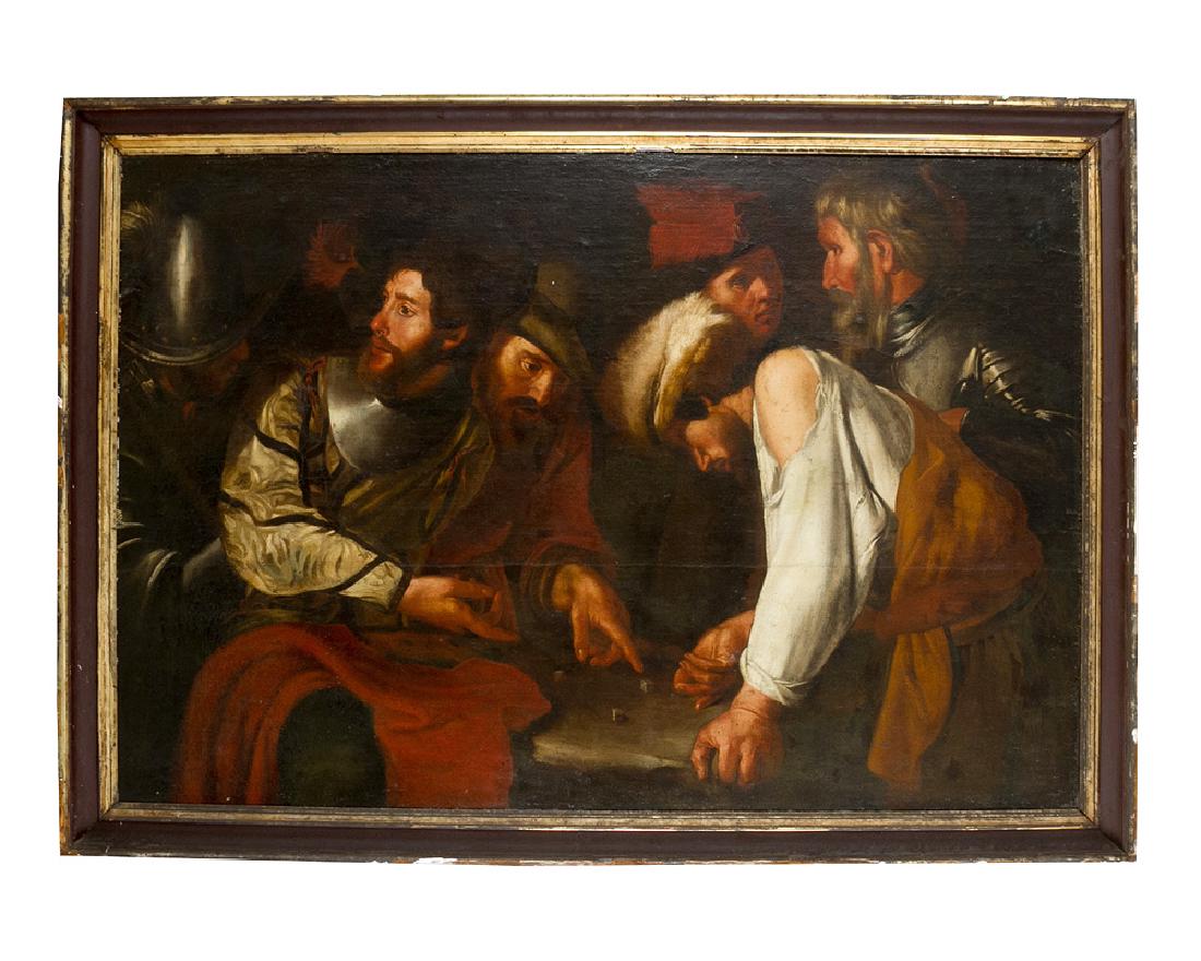 Valentin de Boulogne (1591-1632)-attributed: Valentin de Boulogne (1591-1632)-attributed, The dice players; oil on canvas, framed. Dimensions: 115x175cm