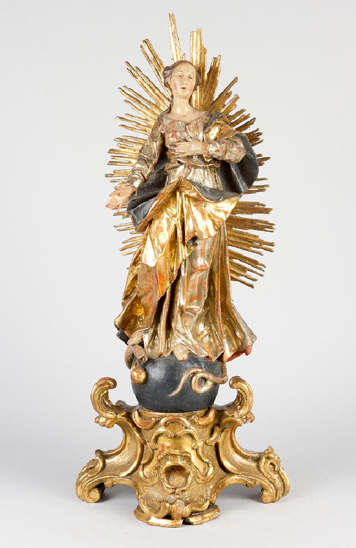 Franz Ignaz Günther (1725-1775)-attributed, Immaculata: Franz Ignaz Günther (1725-1775)-attributed, Immaculata with rich cloth folds, in front of sun shines, standing on earth bowl with a snake and appel, on wooden carved base with rich baroque ornaments;