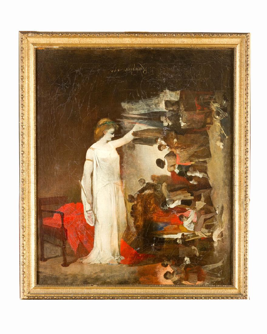 Franz Rumpler (1848-1922)-attributed: Franz Rumpler (1848-1922)-attributed, Oil study of a female allegorical figure and a historical scene; signed on top centre and dated 1870; oil on canvas, framed. Dimensions: 61x51cm