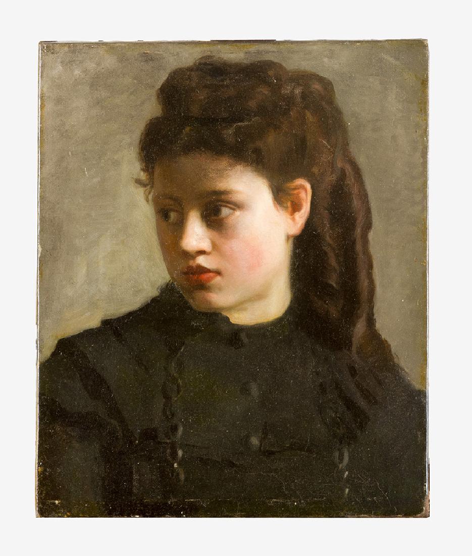 Franz Rumpler (1848-1922)-attributed: Franz Rumpler (1848-1922)-attributed, Portrait of a girl looking to the right; oil on canvas. Dimensions: 44x36cm