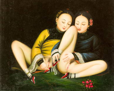 Chinese School: Chinese school, Erotica, two girls in traditional dresses; oil on canvas. 50x60cm