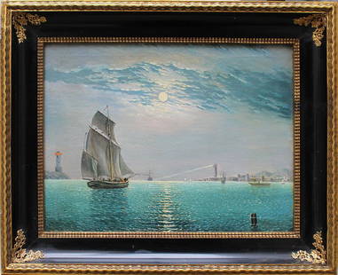 Russian School 19th Century: Russian School 19th Century, Night harbour with ships at moonlight; oil on canvas, described bottom right; framed. 37x48cm