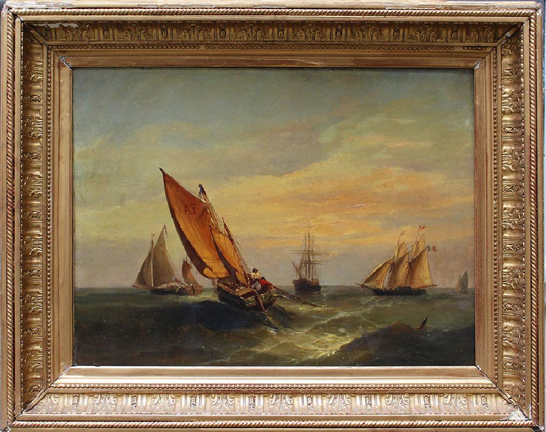 Dutch School mid of 19th Century: Dutch School mid of 19th Century, Boats and ships at the sea; oil on canvas, monogrammed on a sail AF; framed. 47x63cm