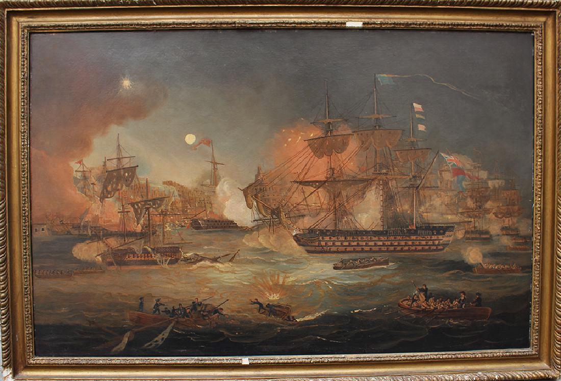 Thomas Luny ( 1759 - 1837 )- attributed: Thomas Luny ( 1759 - 1837 )- attributed, the Capture of Algiers on the 27th of August 1816 by the British Royal fleet, oil on canvas, framed