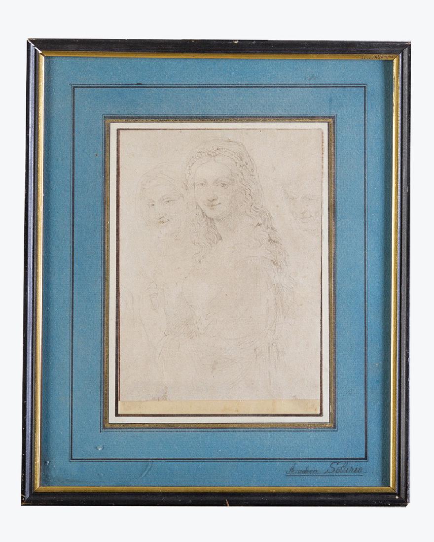 Giovanni Antonio Boltraffio (1467-1516)-follower: Giovanni Antonio Boltraffio (1467-1516)-follower, study of two female and a male persons, black ink on paper, framed, under glass in passepartout described „Andrea Solario“.
