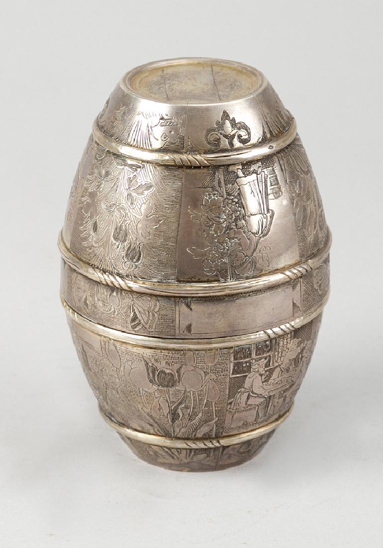 German Silver Barrel: German Silver Barrel, collapsible in two parts with rich engravings of farmers, flowers and landscapes, inside gilded,signs of age. 240 gram, 17/18th Century
