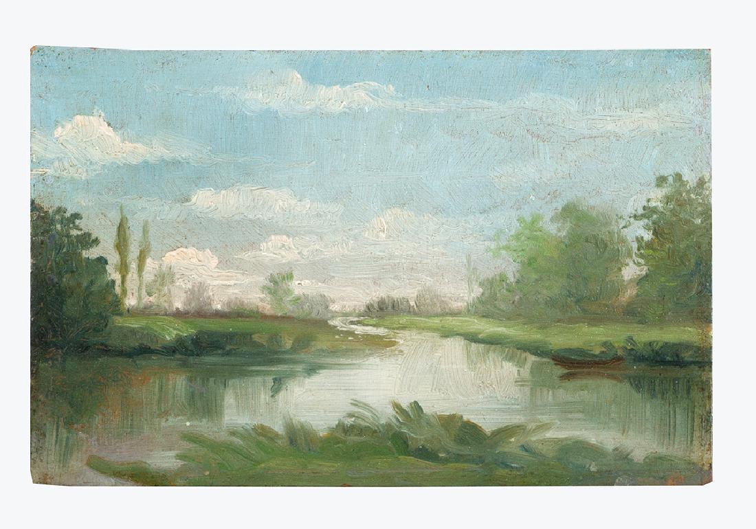 John Constable (1776 -1837 )- attributed: John Constable (1776 -1837 )- attributed, Landscape study in oil on wooden panel, on the reverse several stamps and labels by Kunstverein Bremen and collection Arnold Blome Bremen