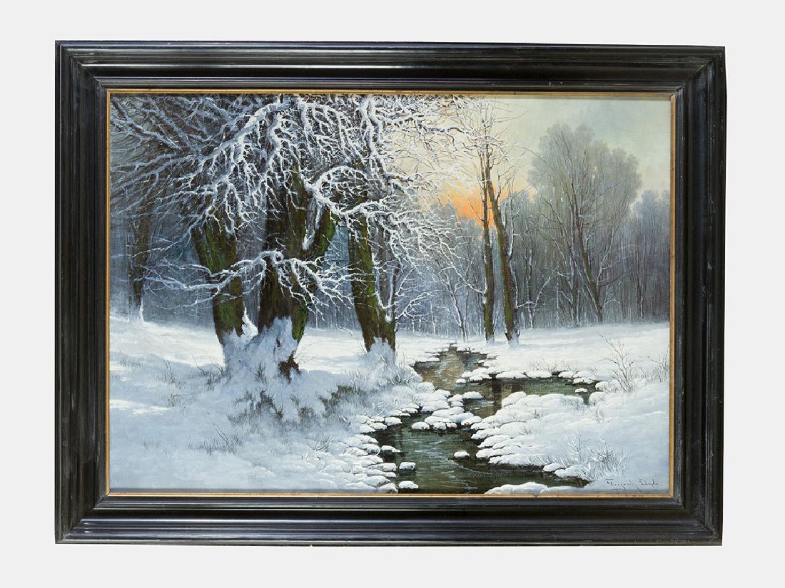 László Neogrády (1896- 1962 ): László Neogrády (1896- 1962 ), winter landscape with frozen trees and a river, oil on canvas, signed bottom right, framed.