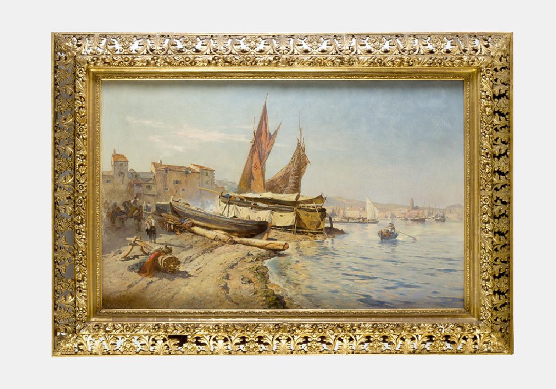 Gustav Bauernfeind (1848 -1904)- attributed: Gustav Bauernfeind (1848 -1904)- attributed, large view of a croatian port, possibly Split.With fisherboats and fishers, waiting for the catch of the day. Oil on canvas, signed (hardly readable) and d