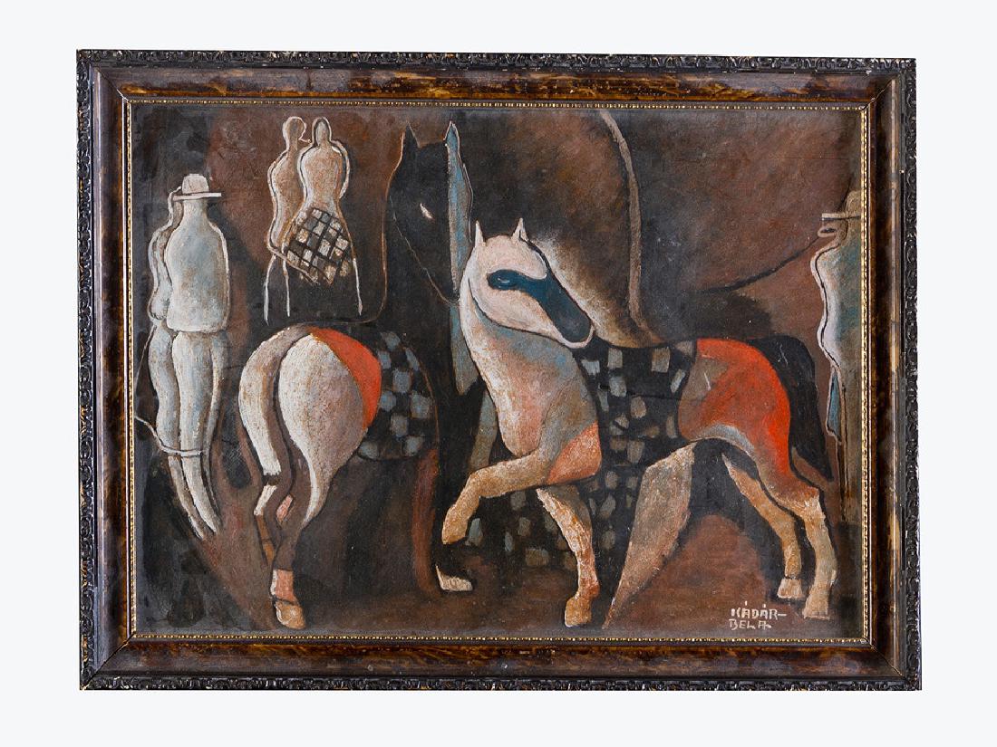 Béla Kádár (1877–1956)-attributed: Béla Kádár (1877–1956)-attributed, horses and people, tempera on cardboard, framed under glass.