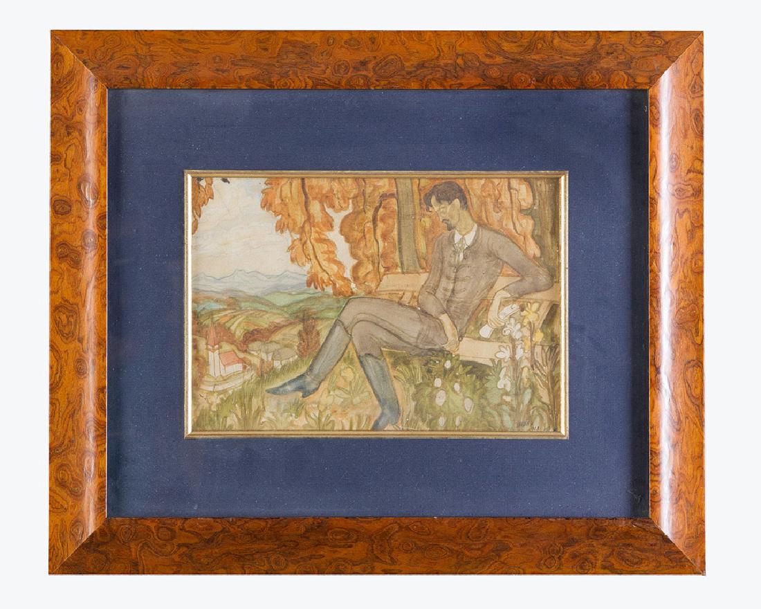 Diosy Around 1920: Diosy Around 1920, man sitting on a bench in landscape, watercolour on paper, signed bottom right and dated 1922.