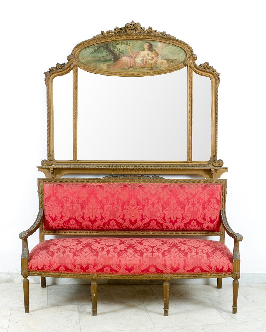 Turin Bench with Mirror: Turin Bench with Mirror, comprising one bench with six feet partly fluted, carved armrests and back with carved flower decoration on top, padded seat and back with red textile, in Louis XVI. character