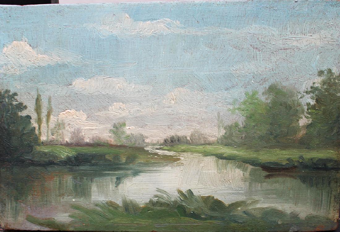John Constable (1776-1837)- attributed: John Constable (1776 – 1837)- attributed, landscape by a river, oil on wooden panel, on thereverse several labels by “Kunstverein Bremen and Arnold Blome” etc. 16×24 cm
