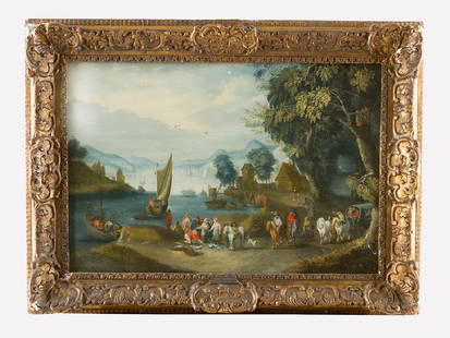 Jan Brueghel the Older (1568-1625)- attributed: Jan Brueghel de older (1568-1625)- attributed, fishers sailing there catch two peasants by a river in landscape with village oil on wooden panel framed