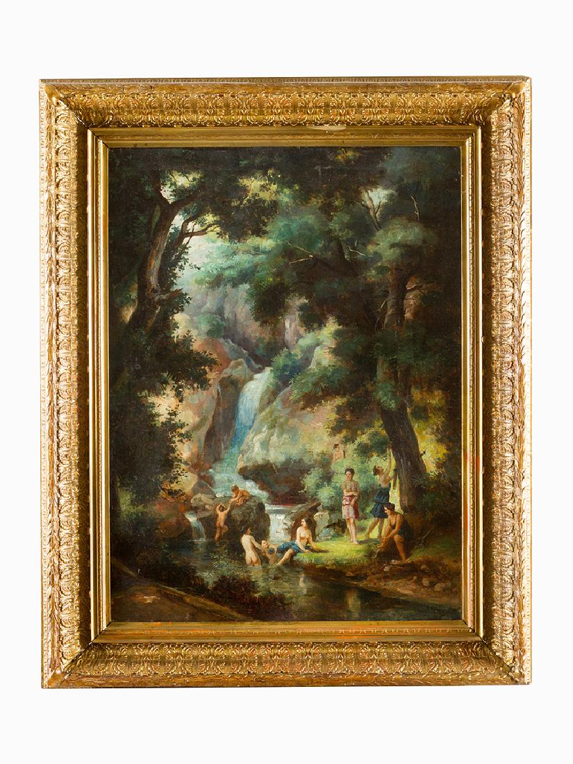 Károly Markó the younger (1822-1891)-attributed: Károly Markó the younger (1822-1891)-attributed, bathers by a waterfall, oil on canvas, described bottom right, framed.