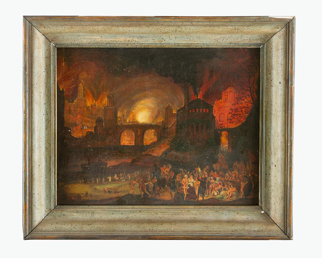 Jan Brueghel the younger (1601-1678)-attributed: Jan Brueghel the younger (1601-1678)-attributed, Inferno of a town with people in the foreground oil on wooden panel framed