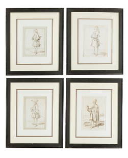 Pier Leone Ghezzi(1674-1755): Pier Leone Ghezzi(1674-1755), four drawings of Venetian gentlemans black ink on paper framed in passepartout