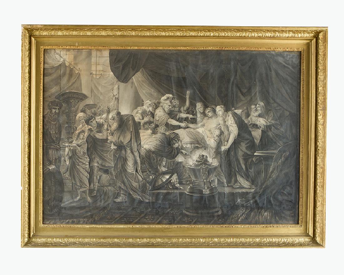 Friedrich Heinrich Füger (1751-1818)- attributed: Friedrich Heinrich Füger(1751-1818)- attributed, Dead of Germanicus, watercolour in Sepia on paper the lower border of about 6,5 cm later addapted in gilded classic frame, under glass