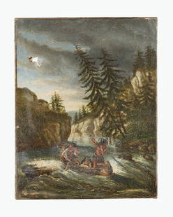Alfred Jacob Miller (1810-1874)-attributed: Alfred Jacob Miller (1810-1874)-attributed, red Indians by a rapid on the water, oil on canvas signed bottom, left damages