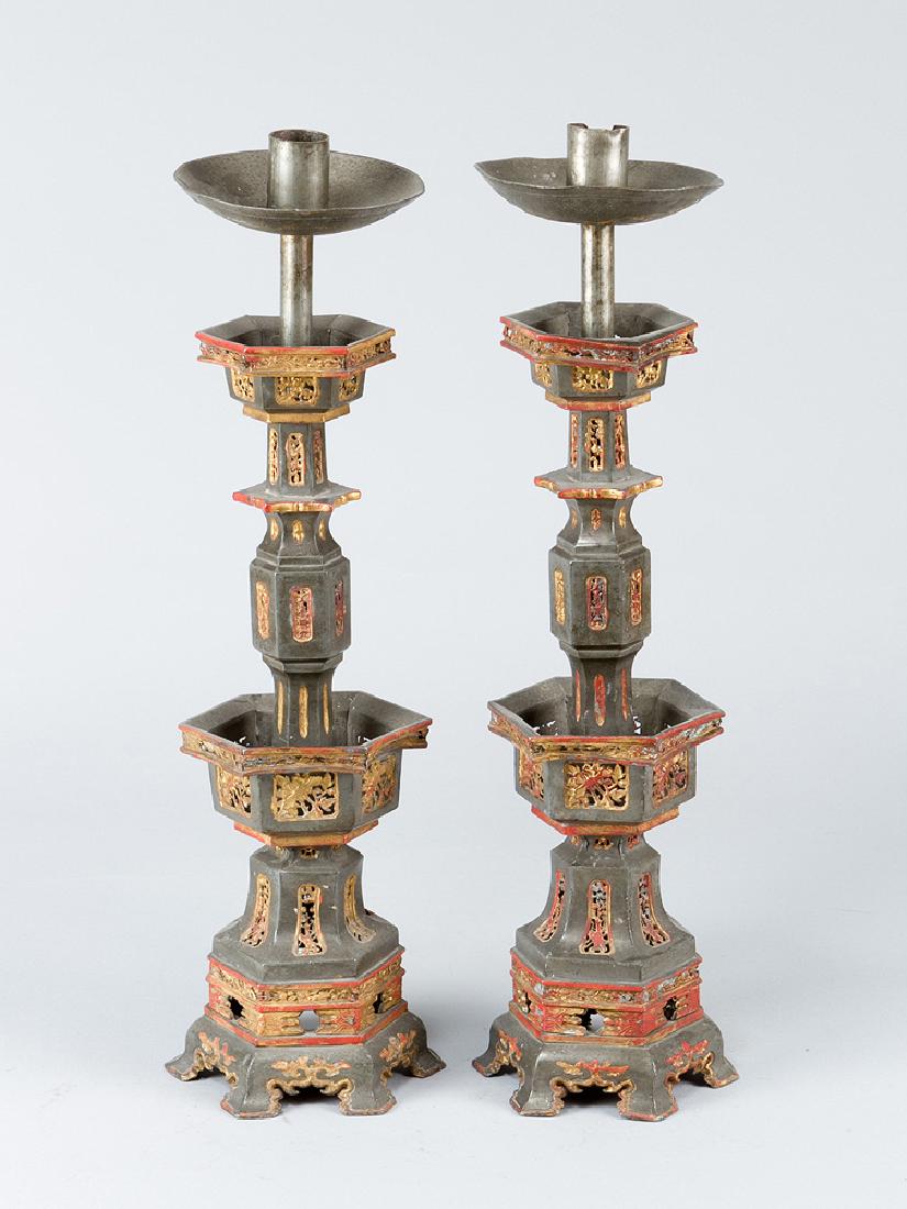Pair of Chinese Pewter Candle Sticks (1 of 3)