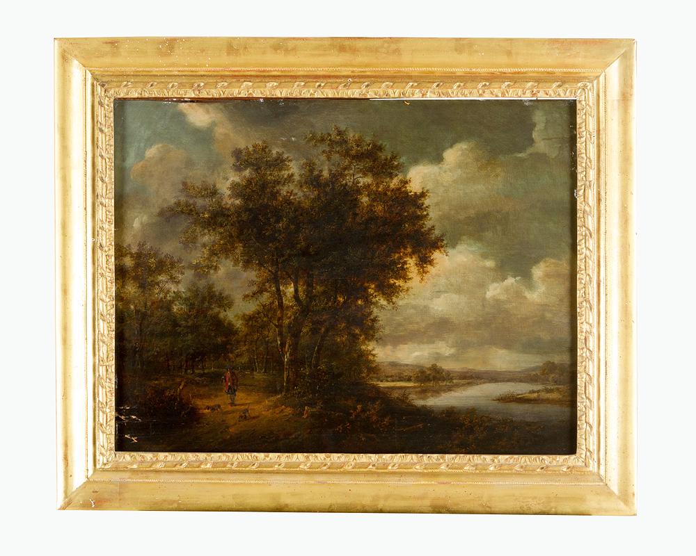 Jan Wijnants (1632-1684)- attributed: Jan Wijnants (1632 -1684)- attributed, hunter with his dogs in landscape by a river, oil on oak panel, framed.