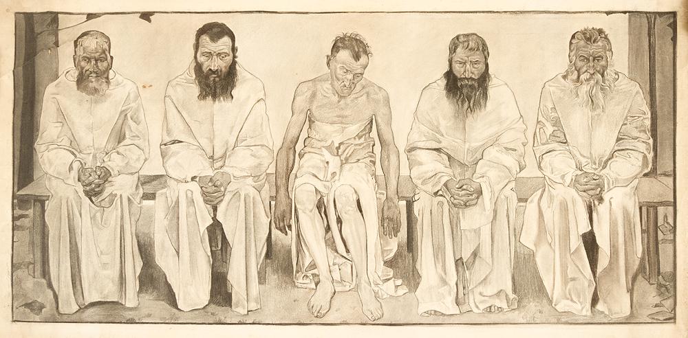 Ferdinand Hodler (1853-1918) ï¿½ attributed: Ferdinand Hodler (1853-1918) ï¿½ attributed. Study for the painting die Lebensmï¿½den Black chalk on paper, on the upper border remains of scale numbers, probably a design from the famous painti