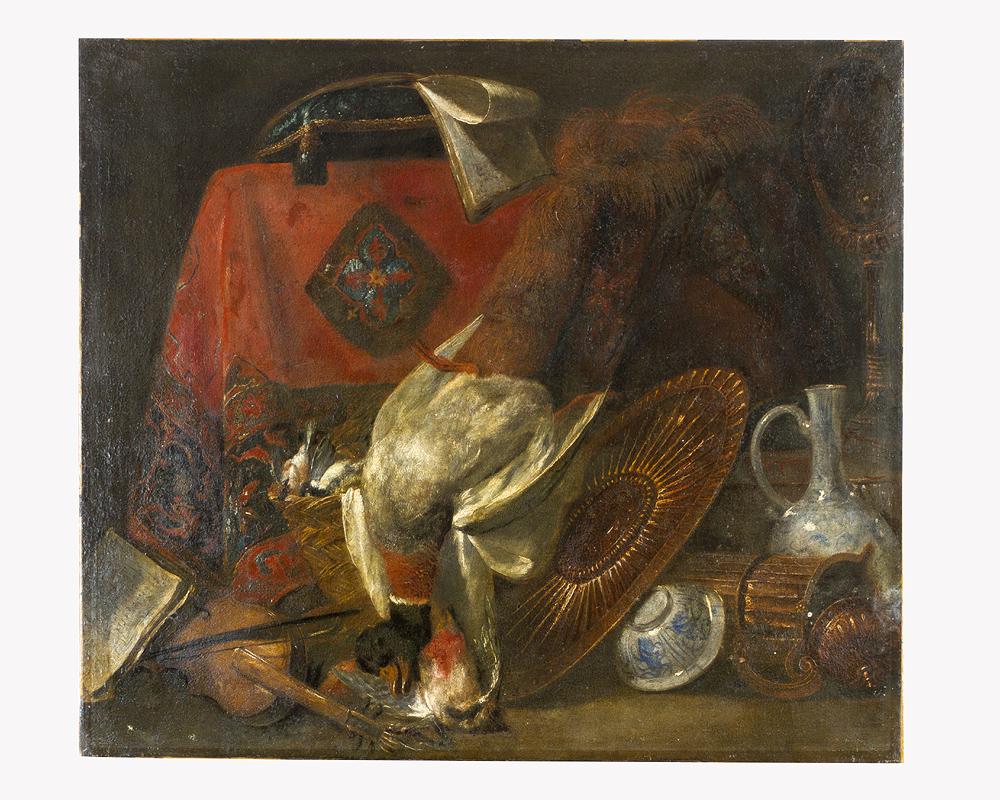 Jan Fyt (1611-1661)-attributed: Jan Fyt (1611-1661)-attributed, Still life with poultry, violin, ceramics, objects, books, oriental textile, fur and a mirror; oil on canvas; on the reverse old paper label with description. Dimension