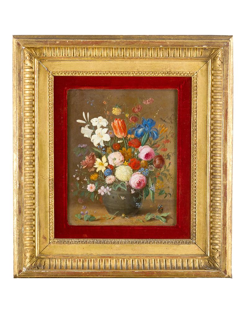 Jan Brueghel the Younger (1601-1678)-attributed: Jan Brueghel the Younger (1601-1678)-attributed, Flower still life with insects in barrel; oil on copper; on the reverse possibly signed and old auction number with lacquer seal. Provenance: Von Borck