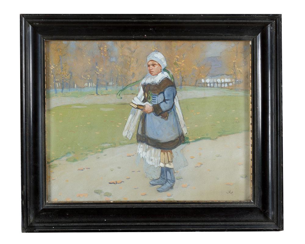 Joža Uprka (1861-1940)-attributed: Joža Uprka (1861-1940)-attributed, Slovakian girl in landscape, watercolour on paper, monogrammed bottom right; framed, under glass. Dimensions: 40x50cm