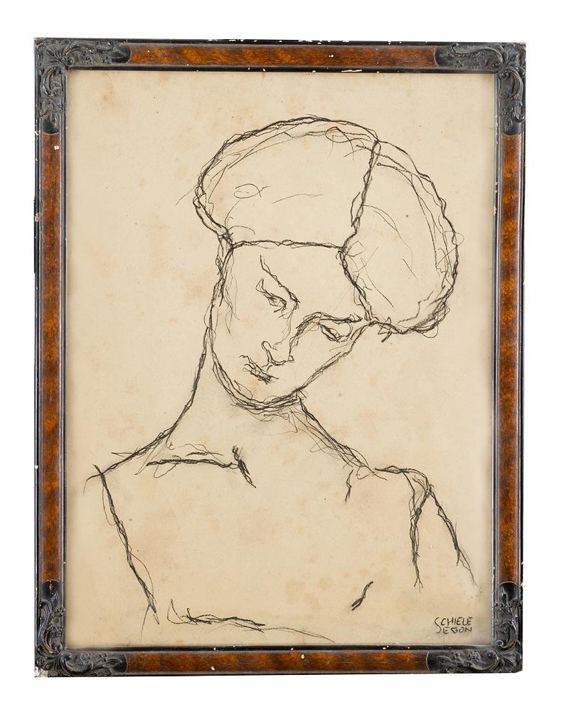 Egon Schiele (1890-1918)-attributed: Egon Schiele (1890-1918)-attributed, Portrait of a lady leaning to the right; black chalk on paper, sing bottom right,framed, under glass. Provenance: Vienna private estate. Dimensions: 39x29cm