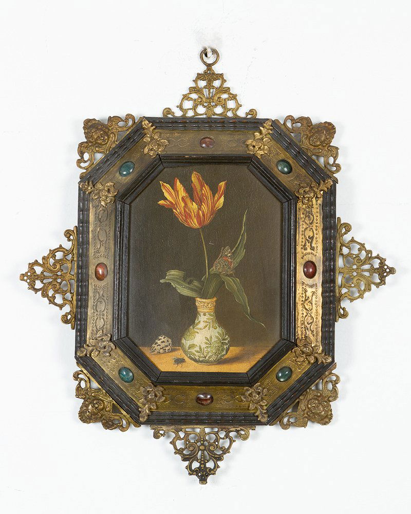 Balthasar van der Ast (1593-1657)-school: Balthasar van der Ast (1593-1657)-school, Still life with tulip in Chinese vase with insects and mussel, in front of dark background; oil on octagonal wooden panel, in a Florentine renaissance style e