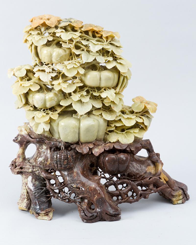 Chinese jade sculpture: Chinese jade sculpture, pumpkin shrub, very fine and deeply naturalistic carved; partly with open work; in three colours. Qing Dynasty. Notes: Asian Dimensions: 48cm height